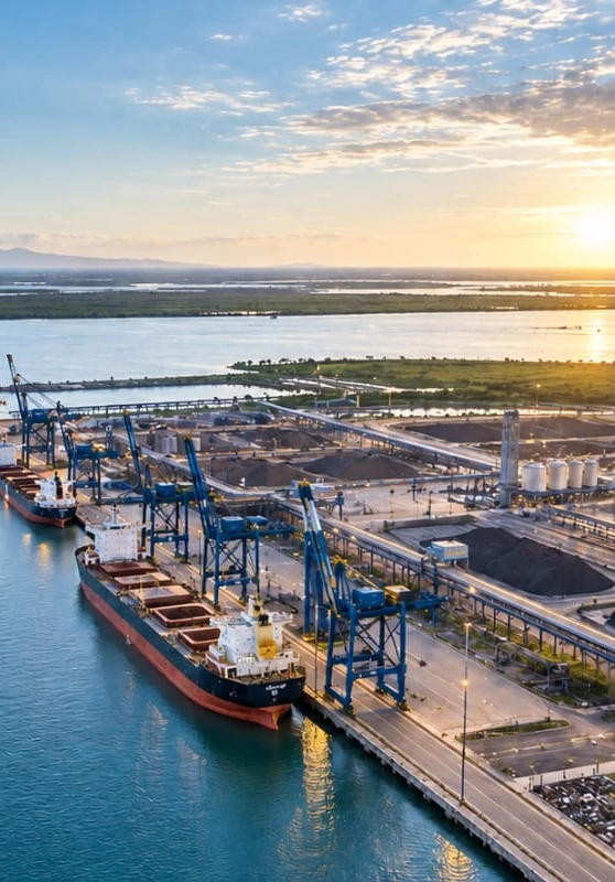 Imagem ilustrativa de um terminal portuário com navio, contêineres e guindastes