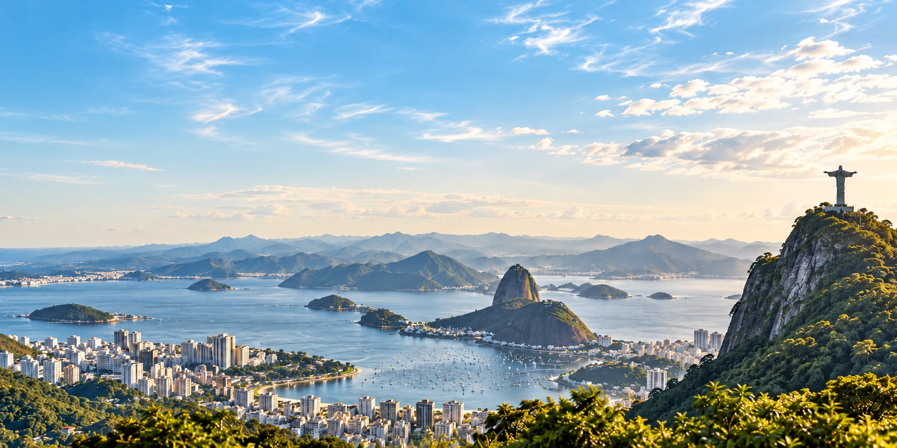 Vista panorâmica da paisagem do Rio de Janeiro, com a baía e as montanhas ao entardecer